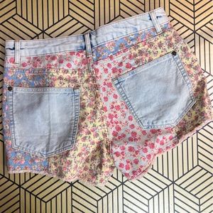 Farm Rio for Anthropologie Floral Print Patchwork Denim Shorts